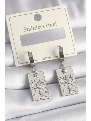 Nemere 316L Çelik Gümüş Renk Zirkon Taşlı Göz Işleme Detaylı Plaka Model Kadın Küpe - TJ-BKP969