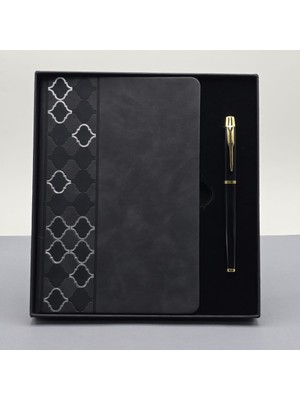 Nemere Desenli Siyah Deri Defter Kalem Set