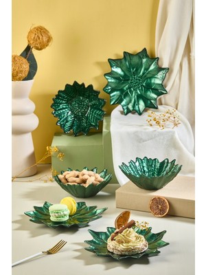 Yeşil Poinsettia Cam Tabak ve Kase Seti, Şık ve Zarif Tasarım