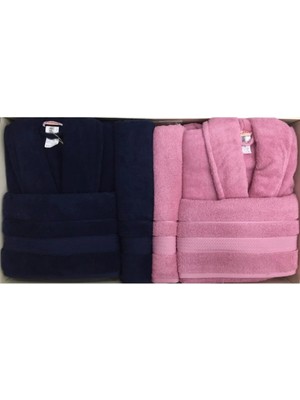 Özdilek Unisex Pembe Lacivert Pamuk Aile Bornoz Seti