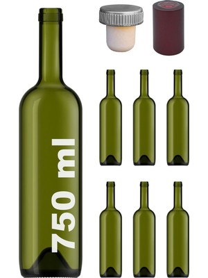 750 ml Yeşil Cam Şişe, Sentetik Mantar, Kapüşonlu, 6'lı Paket