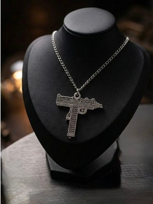 Meneva Aksesuar Tüfek Figürlü Gümüş Renk Işlemeli Kolye