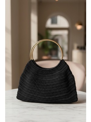 Makrome | El Örgüsü | Altın Metal Saplı | Küçük Boy | Özel Tasarım El Çantası | Siyah