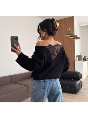 Modatıkla Kadın Sırtı Dantel Transparan Detay Triko Kazak