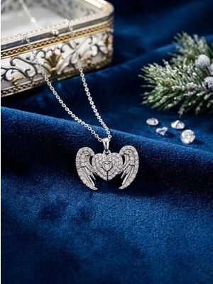 Meneva Aksesuar Melek Kanadı Tasarımlı Açılır Gümüş Silver Renk Kalp Çelik Kolye