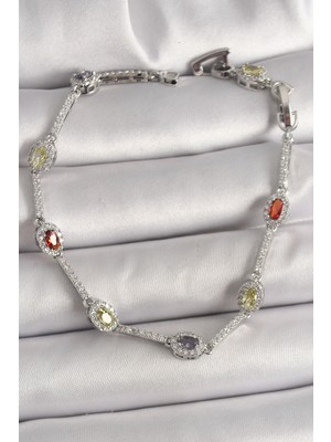 Nemere Pirinç Gümüş Renk Renkli Zirkon Taşlı Damla Taş Model Kadın Bileklik - TJ-BB6873