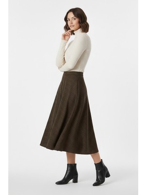 Kadın Kahve Ekose Etek Yüksek Bel Midi Boy Kloş A Form