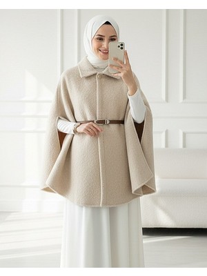 Modamorfo Tek Düğmeli  Beli Kemerli  Sakallı Panço  -Bej