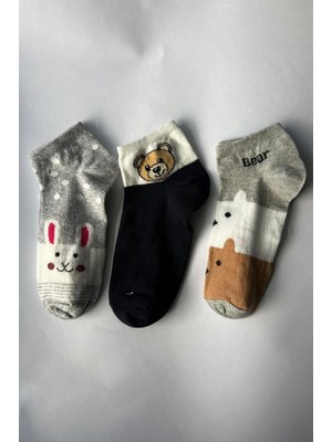 Admera Premium Admera 3'lü Kadın Kısa Ayıcık ve Tavşan Figürlü Desenli Pamuklu Patik Çorap Seti
