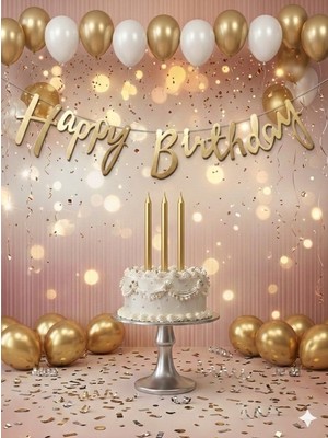 6 Beyaz,6 Gold Metalik Balon,6lı Gold Mum,gold Happy Birthday Doğum Günü Parti Set