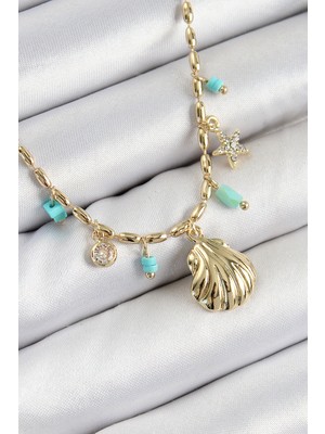 AyrStore Pirinç Zirkon Taşlı Deniz Kabuğu Model Gold Renk Kadın Kolye - TJ-BKO10368