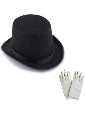 AyrStore Siyah Sihirbaz Fötr Şapka 15 cm - 1 Çift Beyaz Sihirbaz Eldiveni - Yetişkin Boy