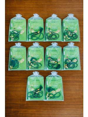 Begün 10 Adet Hediyelik Tül Keseli Yasin Cüzü ve Inci Tesbih Seti (Hac Umre Mevlüt Çeyiz Dağıtmalık)