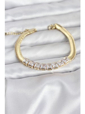 AyrStore 316L Çelik Gold Renk Kare Zirkon Taşlı Yılan Zincirli Kadın Bileklik - TJ-BB8152