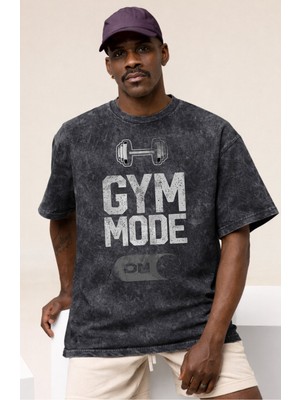 Sevbano Tasarım Gym Mode On Bodybuilding Fitness Sporcu Baskılı Unisex Oversize Vintage Yıkamalı Tişört