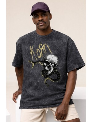 Sevbano Korn Rock Metal Müzik Grubu Baskılı Unisex Oversize Vintage Yıkamalı Tişört