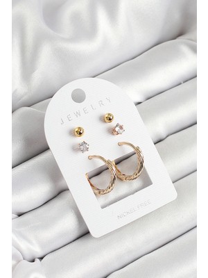 Nemere Pirinç Zirkon Taş ve Halka Figürlü Gold Renk 3'lü Çift Kadın Küpe Set - TJ-BKP10652