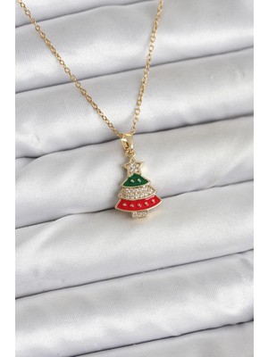 AyrStore 316L Çelik Zincir Gold Ren Çam Ağacı Model Zirkon Taşlı Yılbaşı Temalı Kadın Kolye - Tj-B