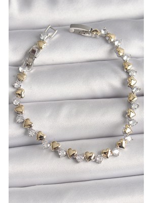 AyrStore Pirinç Gümüş Renk Zirkon Taşlı Gold Kalpli Vıp Seri Kadın Bileklik - TJ-BB6714