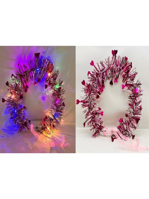 AyrStore Kalp Püsküllü Gece Parıltısı 3 Modlu LED Li Işıklı Taç Fuşya Renk