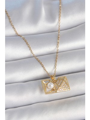 AyrStore 316L Çelik Gold Renk Zincir Zirkon Taşlı Açılır Incili Elmas Model Kadın Kolye - TJ-BKO10049