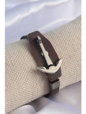 AyrStore Kahverengi Deri Model Gümüş Renk Çapa Figür Erkek Bileklik - TJ-EB3573