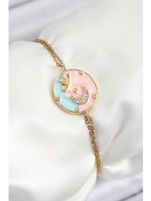 Nemere 316L Çelik Zincir Mineli Sanatsal Portre Zirkon Taşlı Gezegen Model Gold Renk Kadın Bileklik - T