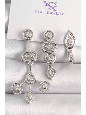 Nemere Pirinç Gümüş Renk Zirkon Taşlı Geometrik Model 3'lü Kadın Kombin Küpe - TJ-BKP10434