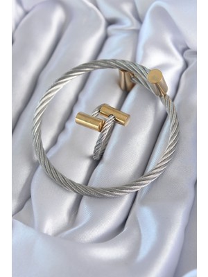 AyrStore 316L Çelik Gümüş Renk Gold Detay Sarmal Model Erkek Bileklik Yüzük Kombini - TJ-EB3603