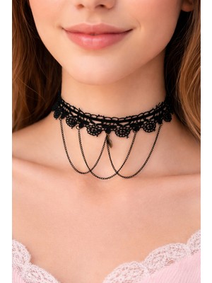 Gotik Siyah Püsküllü Dantel Kolye Vintage Tarzı