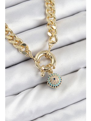 AyrStore Pirinç Zirkon Taşlı Nazar Boncuk Detaylı Klasik Zincir Model Gold Renk Kadın Kolye - TJ-BKO1048