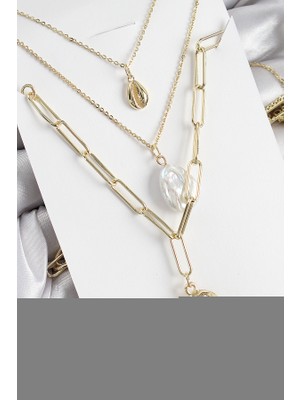 AyrStore Pirinç Çoklu Zincirli Incili Deniz Kabuğu Model Gold Renk Kadın Kolye - TJ-BKO10370