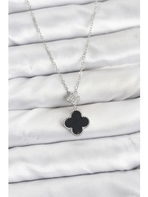 AyrStore 316L Çelik Zincir Gümüş Renk Yonca Model Zirkon Taşlı Kadın Kolye - TJ-BKO10862