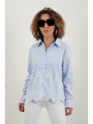 Zelish My Sister Mavi Nakışlı Çizgili Gömlek