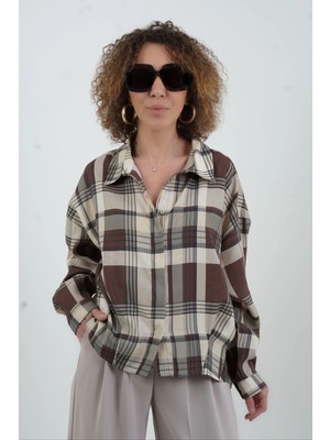 Zelish My Sister Kahve Ekose Oversize Kısa Gömlek