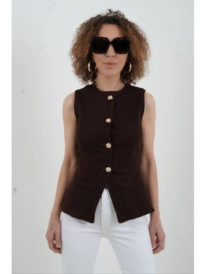 Zelish My Sister Kahve Bele Oturan Düğmeli Denim Yelek