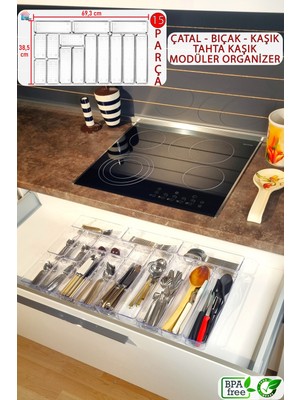 15'li Modüler Çekmece Organizer, Şeffaf ve Tahta Tasarım