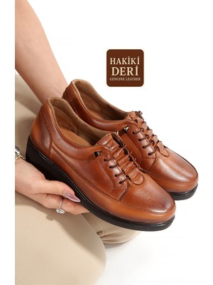 Modabuymus Taba Renk Hakiki Deri Anatomik Lastik Bağcıklı Günlük Hafif Kadın Ayakkabı Maan