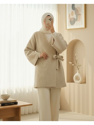 Modamorfo Yandan Bağlamalı Sakallı Kimono  -Bej