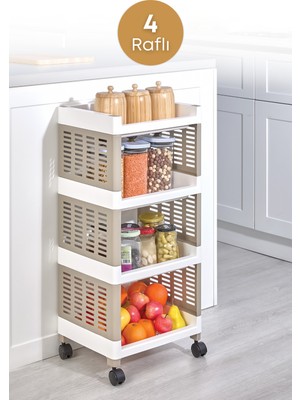 4 Raflı Tekerlekli Plastik Organizer Sepet, Mutfak ve Banyo Düzenleyici