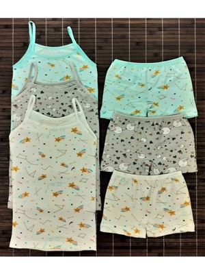 Adn Underwear 3 Adet Kız Çocuk Desenli Atlet Boxer Külot Takım Pamuklu Ekru Gri Mint Set