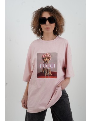 Zelish My Sister Pudra Kokoş Köpek Baskılı Soluk Efektli Oversize Tshirt