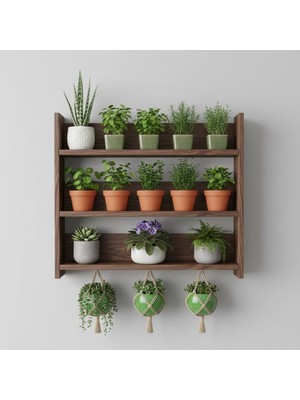 Evdekka Ahşap Duvar Rafı - 3 Katlı Çok Amaçlı Mutfak ve Balkon Rafı - Dekoratif Saksılık - 50X50 cm