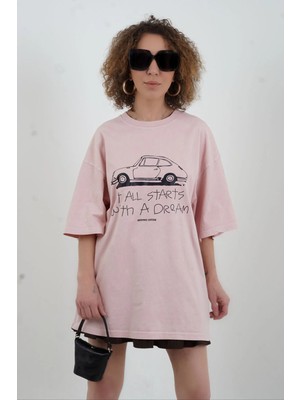 Zelish My Sister Pudra Çizgi Araba Baskılı Soluk Efektli Oversize Tshirt