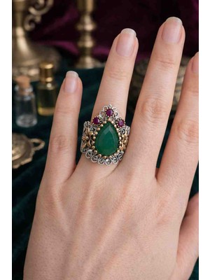 MSZ Silver 925 Ayar Gümüş Telkari Damla Taşlı Otantik Kadın Yüzük – Vintage Tasarım Büyük Taşlı El Yapımı Yüzük