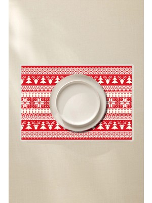 Çam, Geyik ve Kar Desenli 4’lü Amerikan Servis, 42X30 Pvc Kaplama Yılbaşı Silinebilir Set