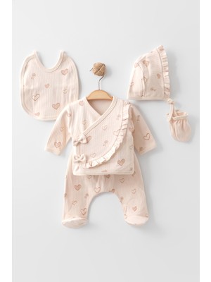 Zeynuko Kız Bebek Kalpli Fiyonklu %100 Pamuk Fırfırlı 5'li Yenidoğan Hastane Çıkışı Zıbın Seti