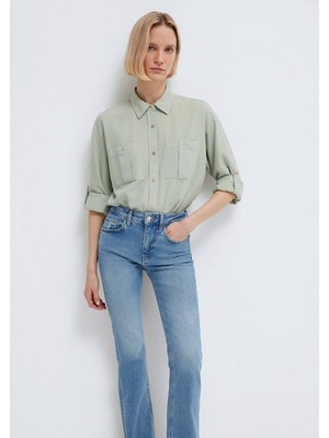 Mavi Düğme Detaylı Yeşil Gömlek 1211383-70113