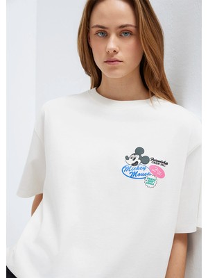 Mavi Mickey Mouse Baskılı Ekru Tişört 1614039-70057