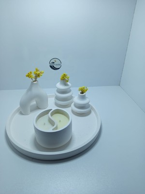 Deniz Kuzey Design Yin-Yang Modelli Çift Renkli Mum Seti - 5 Parça Taş Tozu Sunum Tepsili Dekoratif Obje Seti